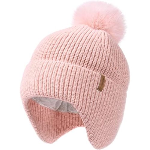 Toddler Baby Winter Hat Warm Fleece Lined Knit Kids Hat with Earflap Infant Newborn Pom Pom Beanie Knit Cap Girls Boys