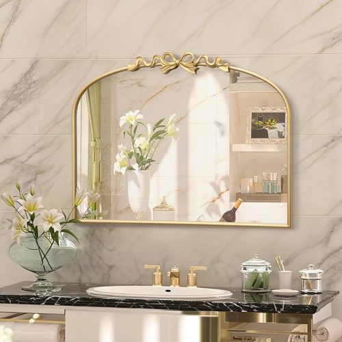 Besdomus Antique Arched Gold Mirror: 32"x24" Large Arch Bow Antique Wall Mounted Mirror - Baroque Traditional Ornate for Living Room/Fireplace/Bathroom- Home Decor for Homemakers