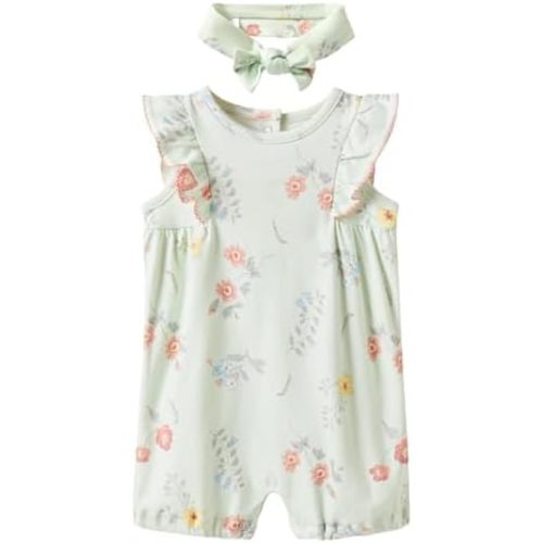 Baby Girl Romper 100% Cotton Breathable Soft with Headband, Sleeveless Summer Outfits for Newborn Infant 0-24 Months