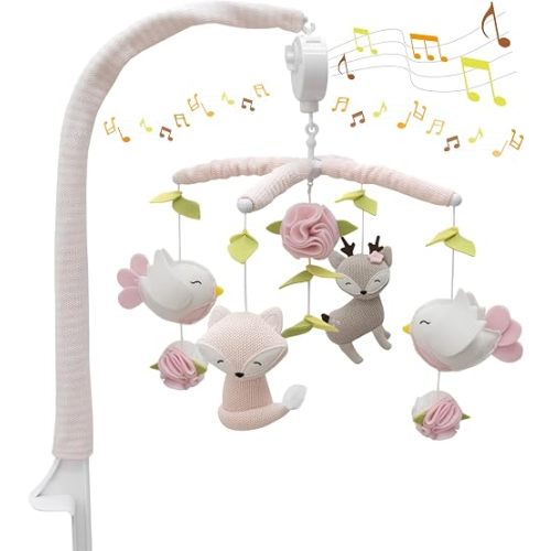 Living Textiles Baby Musical Mobile - Ava Birds | Crib Toy, Knitted Woodland Characters, Nursery Decor, Calming Soother with 12 Lullabies Essential and Perfect Toy for Boys Girls