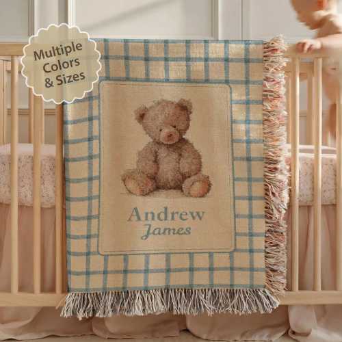 Personalized Woven Teddy Bear Baby Blanket Personalized Bear Blanket Custom Bear Blanket Bear Nursery Blanket Newborn Custom Name Blanket