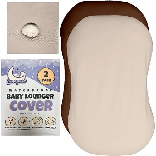 100% Waterproof Baby Lounger Cover - 2-Ply Organic Cotton Slipcovers Keep Your Lounger Clean & Your Baby Comfy - Machine Washable - (Lounger Not Included) - 2-Pack Includes Cream & Brown