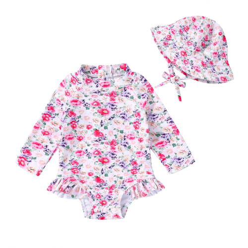 Younger Tree Infant Baby Girl One-Piece Swimsuit Long Sleeve Rash Guard Swimwear Hat Bathing Suit Set for 12-18 Months