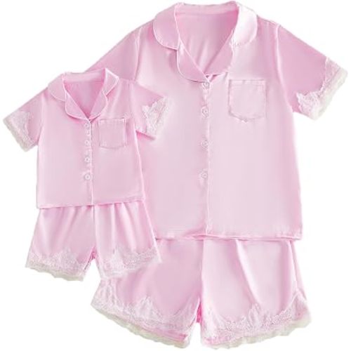 Multitrust Mommy and Me Silk Pajamas Matching Sets Lace Trim Satin Short Sleeve Shirts and Shorts Mama and Me Sleep Pjs Set