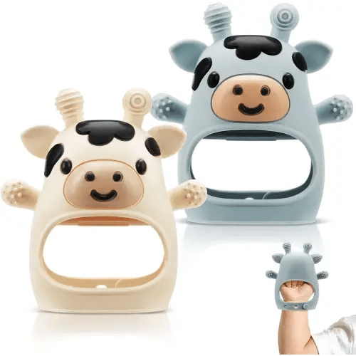 TOHIBEE 2 Packs Baby Teething Toys for 0-6 6-12 Months, Food Grade Silicone Adjustable Cow Teething Mitten, Chew Teether Toys for Teething Pain Relief, Baby and New Born Essentials, Blue & White