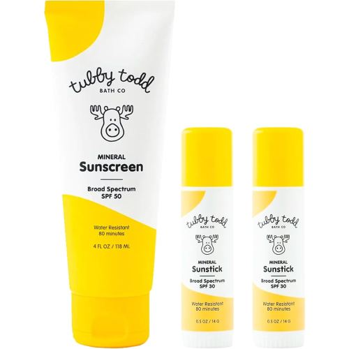 Tubby Todd Face and Body Mineral Sunscreen Kit for Baby, Toddler and Kids - Sunscreen 4 Fl Oz and Sunstick 0.5 Oz Duo Bundle - Fragrance-Free