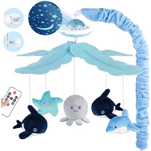 Baby Crib Mobile with Music and Lights, Nursery Baby Mobile for Crib Bassinet with Remote Control, Rotation, Starlight Projection, Crib Toys for Babies Boys Girls Blue