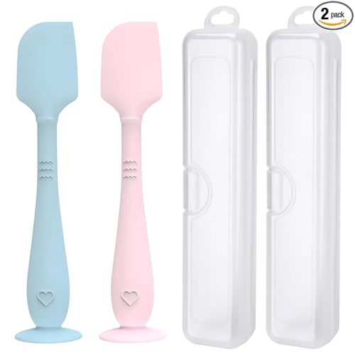 2 Pack Diaper Cream Spatula with Hygienic Travel Case, Butt Spatula Baby with Suction Base, Baby Butt Paste Spatula, Soft Silicone Diaper Rash Cream Applicator Large Size (Blue & Pink)