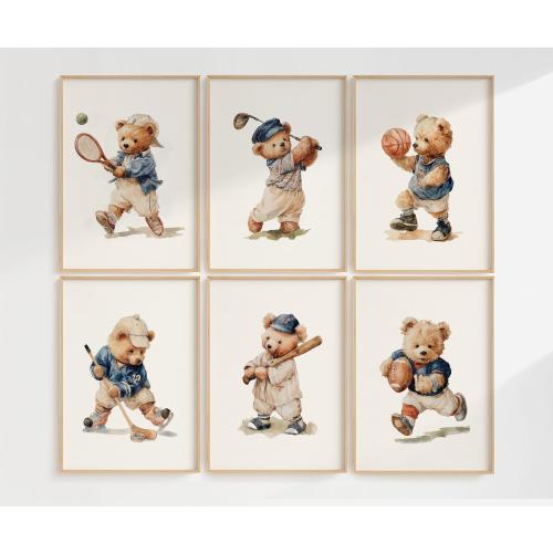 Vintage Teddy Bear Sports Wall Art Set of 6, Nursery Prints, Baby Boy Decor