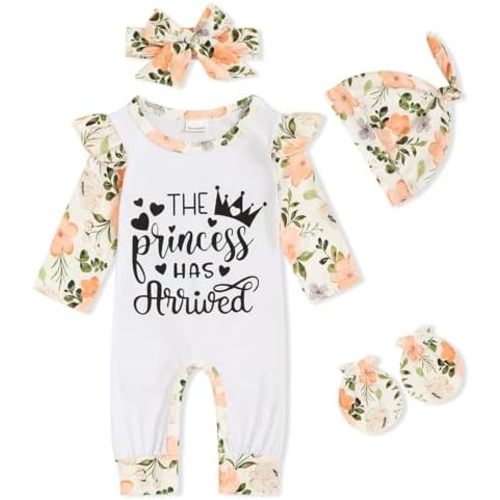 GRNSHTS Newborn Baby Girl Romper Infant Letter Print Jumpsuit Floral Bodysuit+Hat+Headband+Gloves Coming Home Clothes Outfits