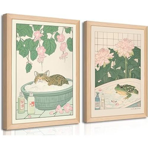 Set of 2 Japanese Bathroom Wall Art Framed Canvas with Cats & Frogs, Wooden Frame, Abstract Nature Poster Prints for Bathroom Decor, Minimalist Zen Painting Art for Home & Spa (12" W*16" H*2piece)