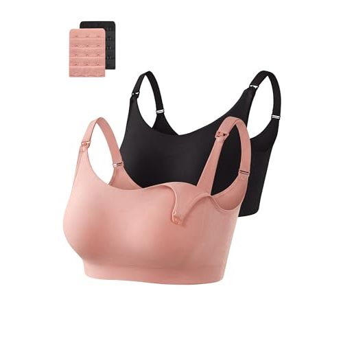 OUGES Women's Cotton 2 Pack Maternity Nursing Bras Breastfeeding Seamless Wireless Sleep Bralette with Extra Extenders