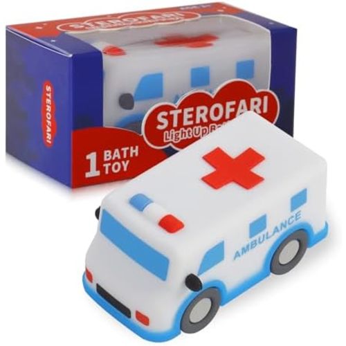 Light Up Bath Toy -Ambulance, 100% Food Grade Silicone Bathtub Toys, Shake-Activated Light Up Airplane Toy Flash & Lights Color Change, Soft & Squeezable for Kids (1 Pack)