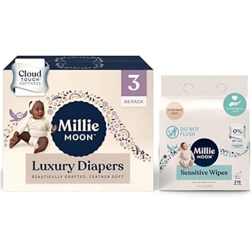 Millie Moon Luxury Diapers ~ (Size 3-88 Count) ~ + Sensetive Wipes ~ (Pack of 3×72 in Total 216 Count)