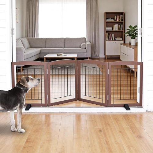 ZJSF Freestanding Dog Fence Indoor, Foldable Dog Gate for Doorways, Stairs or Hallways, Sturdy Wood Extra Wide Pet Gate with Support Feet for The House, Brown, 24 "Height-4 Panels