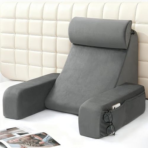 ENITYA 19" Back Support Pillow,Reading Pillow with Built-in Arms & Large Pockets, Removable Washable Cover, Wedge for Sitting,Reclining,Watching TV,Post Surgery in Bed,Couch or Floor,Medium Firm,Grey
