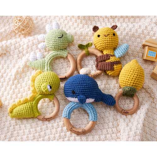 Crochet Dinosaur & Bee Baby Rattle, Handmade Wooden Infant Toy, Personalized Name Rattle for Baby Shower Surprise, Holiday or Newborn Gift