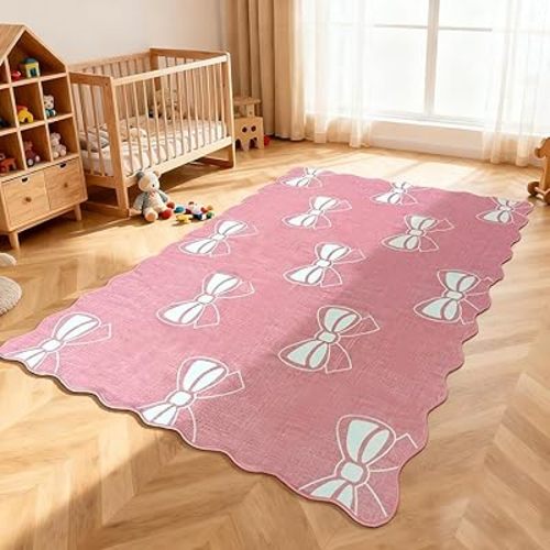 Pink Bow Area Rug,4x6 Solid Color Aesthetic Carpets for Living Room Nursery Dorm Playroom,Machine Washable Wavy Non Slip Belt Bow Decoration,Bowknot Decor Gift for Girls Bedroom Rugs