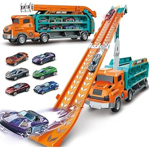 Toddler Car Truck Toys,Car Carrier Truck Toy for Kids Age 3-5 4-8,Foldable Car Track Sets with 2.8-Ft Race Track and 6 Die-Cast Race Cars, Truck Toys Gifts for 3 4 5 6 7 8+ Year Old Boys Girls(orange)