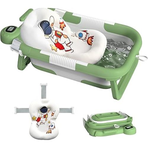 Collapsible Baby Bathtub for Newborn,Baby Tub with Soft Floating Cushion & Thermometer for Infant to Toddler, Portable Travel Bathtub with No-Slip Feet for 0-36 Months-Green