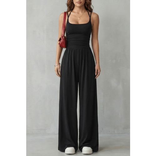 Women's Wide-Leg Jumpsuit Square Neck Double Strap Ruched Waist Sleeveless Casual