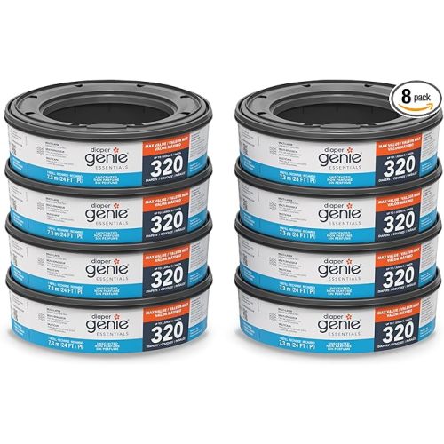 Diaper Genie Essentials Round Refill 8-Pack | Holds Up to 2560 Newborn Diapers | Features Unscented Continuous Film | Compatible with Diaper Genie Complete and Expressions Pails,8 Count (Pack of 1)