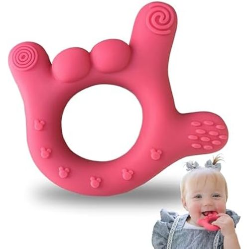 I Love You Silicone Hand Teether, Teethers for Babies 3-6 Months, Soft Teething Toys 6-12 Months bpa Free, Massaging Teething Relief (Electric Pink)