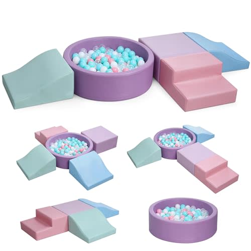 Hoohtoot Foam Climbing Blocks for Toddler: with 4-Piece PU Leather Climbing Toys and a Ball Pit - Foam Ball Pit for Toddlers - Climbing Toys Indoor for Kids Crawling (Purple Climbing Blocks)