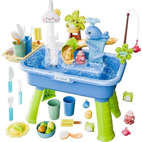 Cosminy 2026 Upgraded Water Table for Toddlers 1-3, Kids Play Sink with Running Water, Toddler Kitchen Sink Toy with Pump, Fishing Game & Sensory Water Play Toys for Boys Girls (Blue)