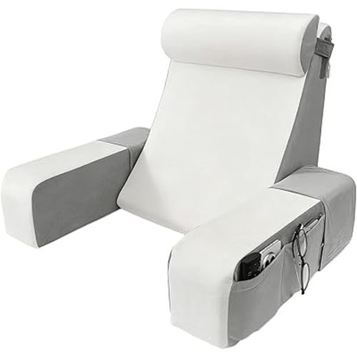Vekkia Reading Pillow with Adjustable Arms & Headrest – Zoned Foam Support, XL Side Pockets, Removable Cover, Back Support Chair for Reading, Gaming, Post-Surgery Recovery in Bed or Floor, 21"
