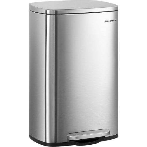 SONGMICS 13 Gallon (50 L) Trash Can, Stainless Steel Kitchen Garbage Can, Recycling or Waste Bin, Soft Close, Step-On Pedal, Removable Inner Bucket, Silver ULTB050E01