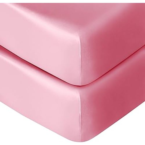 NTBAY 2 Pack Silk Satin Fitted Crib Sheet, Super Soft and Silky 28x52 Crib Sheet for Standard Crib and Toddler Mattresses, Boys, Girls, Unisex, Pink, 28x52 Inches