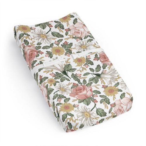Sweet Jojo Designs Girl Changing Pad Sheet Vintage Floral Pink Yellow and Green
