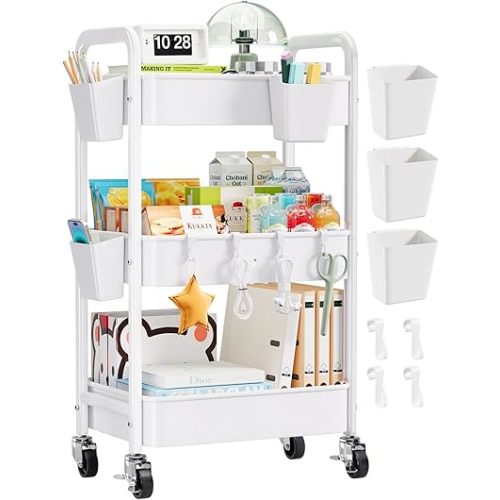 3 Tier Rolling Cart with Wheels, Metal Utility Storage Cart on Wheels, Craft Carts Organizer with Hanging Cups, Hooks, Three Tiered Rolling Carts for Bathroom, Laundry Room, Nursery, Office, White