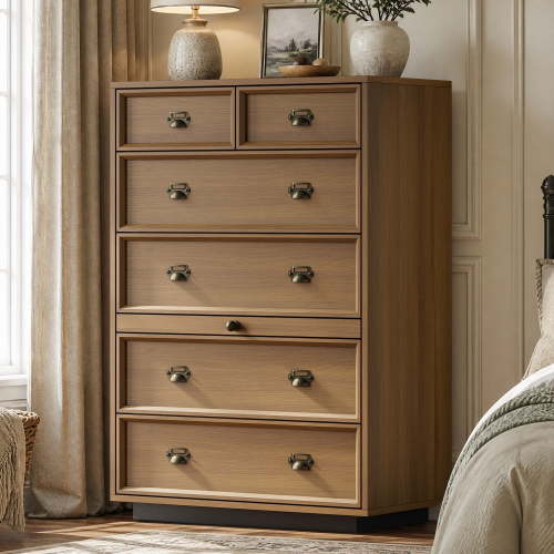 Farmhouse 6 Drawer Dresser with Pull-Out Shelf, 45.3 Inch Tall Chest of Drawers for Bedroom, Living Room, Entryway, Walnut