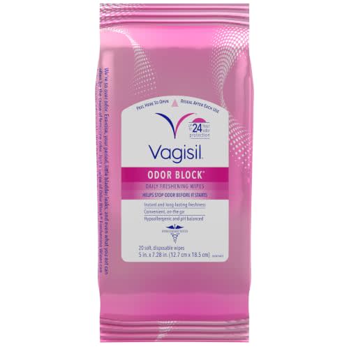 VAGISIL Odor Block Daily Freshening Feminine Wipes, 20 Count | Odor Block intimate wipes for daily freshness. Up to 24-hr odor protection. Gentle, pH balanced, & gynecologist tested.