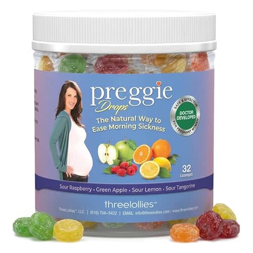 Preggie Drops Pregnancy Nausea Lozenges with Essential Oils, Natural Fruit Extracts & Vitamin B6, Morning Queasiness Lozenges for Pregnant Women, Natural Sour Drops Variety Pack, 32 Count