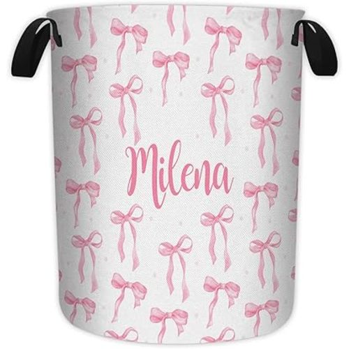 Personalized Pink Bows Laundry Hamper Custom Laundry Basket for Baby Gilr Round Dirty Clothes Hampers with Name Toys Organizer Large Collapsible Laundry Baskets for Laundry Bedroom