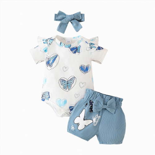 TOWED22 Baby Girl Clothing Summer Outfits Romper Bodysuit Ruffle Shorts Set 3Pcs Sky Blue,0-3 M