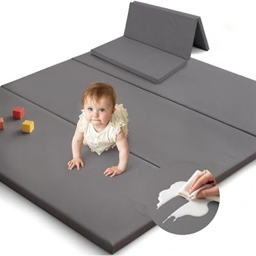 SEPARO Foldable Baby Play Mat,Vegan Leather 47x47 Baby Mat for Floor,Grey