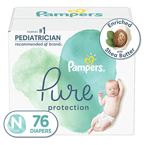 Diapers Newborn/Size 0 (<10 lb), 76 Count - Pampers Pure Protection Disposable Baby Diapers, Hypoallergenic and Unscented Protection, Super Pack (Packaging & Prints May Vary)
