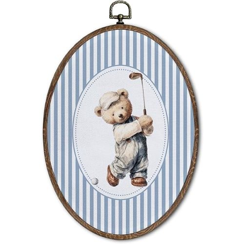 FLAWAFLOMA Vintage Bear Golf Nursery Oval Wall Art Decor, Kids Room Canvas Wall Art Framed, Retro Golf Hanging Decorations for Kids Toddler Boy Playroom Nursery Room Decor, 8.6x11.4 Inch