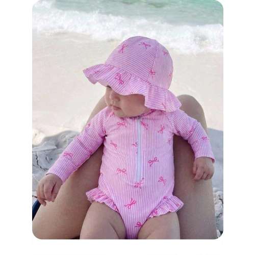 SHEIN Newborn Baby Beach Vacation Style Bow Striped Print Half Zip Front Ruffle Hem One-Piece Swimsuit With Swim Cap | SHEIN USA