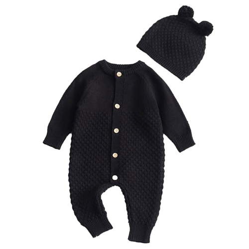 Actgleam Infant Baby Boys Girls Romper Winter Knitted Pajamas with Hat,Black,12-18Months
