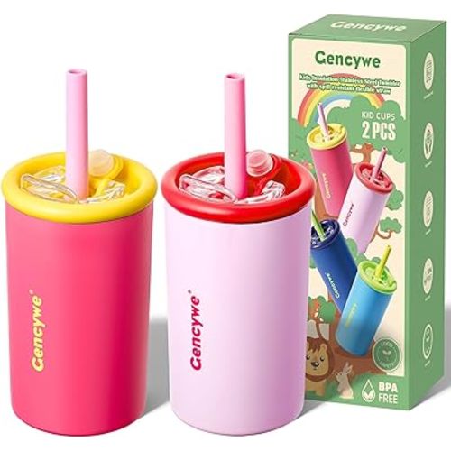 Gencywe Kids Stainless Steel Cups with Straws and lids | 12 oz Spill-Proof Sippy Smoothie Tumbler Set, Small Kids Snack & Drink Water Cups, BPA-Free, Dishwasher Safe, with Box (Age: 3+ years old & up)