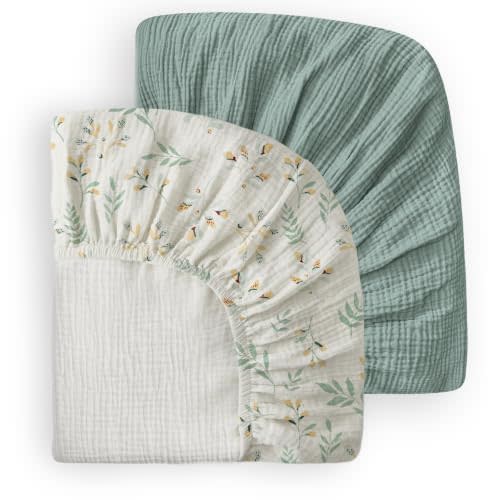 Blissful Diary Muslin Crib Sheets, 2 Pack, Roman Green & Leaf | fitted for 52''x28'' crib mattress, soft and breathable cotton, boho style, easy care for machine wash, gift for boy and girl