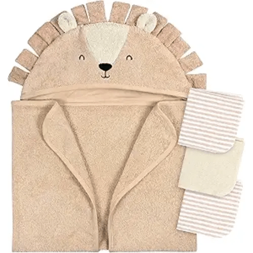 Gerber Baby 4 Piece Animal Character Hooded Towel and Washcloth Set, Brown Lion, One Size