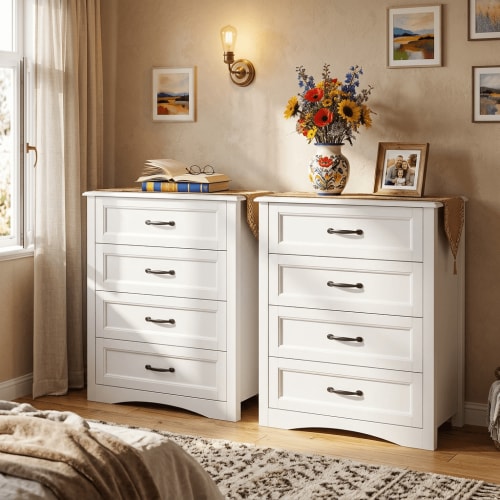 Aiho Wooden Dresser for Bedroom, 4 Deep Drawers, Sleek Tall Chest, Built-in Handles - White