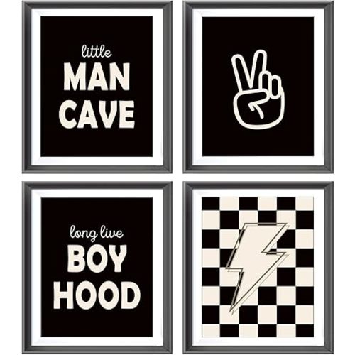 Little Man Cave Retro Preppy Checkered Lightning Peace Sign Long Live Boyhood Poster Prints for Boy Teen Room Dorm Decor,Preppy Decorations Prints Wall Art Unframed 4pcs 8x10inches,Teen Boys Gifts