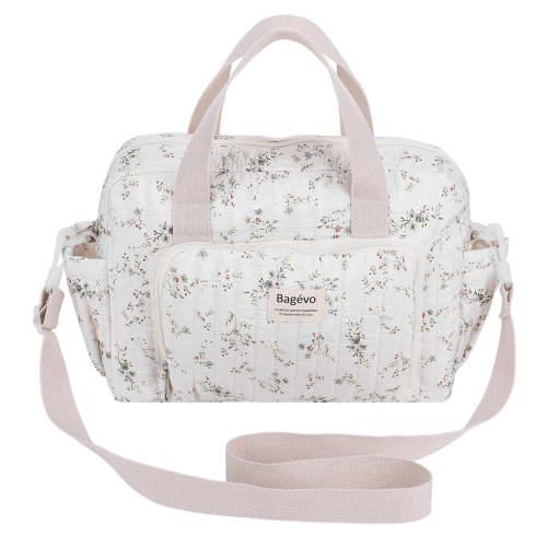 Floral Baby Diaper Bag Tote Mommy Bag, Women Quilted Cotton Medium Travel Duffle Bag, Cute Cotton Diaper Bags Crossbody Baby Bags for Girl Mom